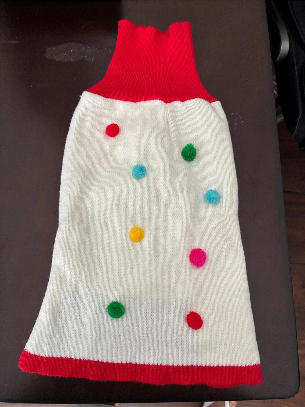 Girls White Knit Dress with Red Trim and Multicolor Pom-Poms